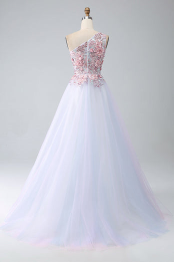 A-Line One Shoulder Pink Formal Dress with Appliques