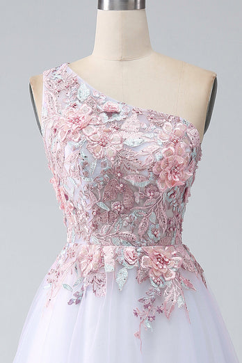 A-Line One Shoulder Pink Formal Dress with Appliques