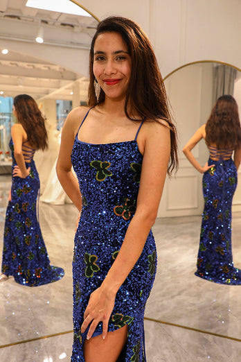 Sparkly Royal Blue Long Sequined Formal Dress With Slit