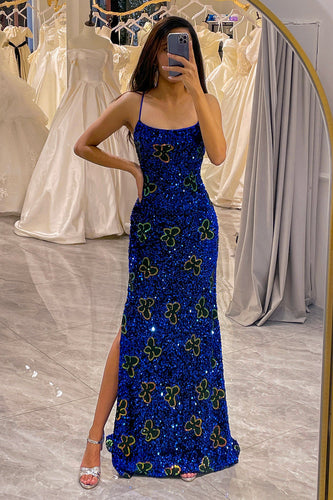 Glitter Royal Blue Long Formal Dress With Slit