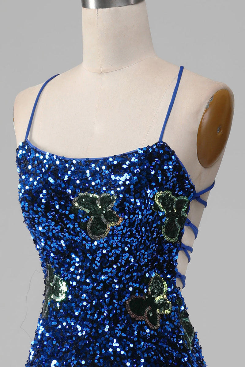 Load image into Gallery viewer, Royal Blue Mermaid Spaghetti Straps Sequins Formal Dress With Slit