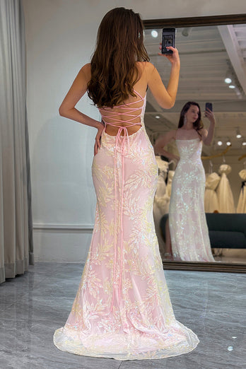 Mermaid Lace-Up Back Pink Formal Dress with Appliques