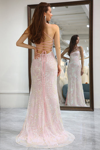 Mermaid Pink Lace-Up Back Formal Dress with Appliques