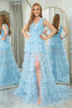 Load image into Gallery viewer, Blue A Line Tulle V Neck Tiered Long Formal Dress With Slit