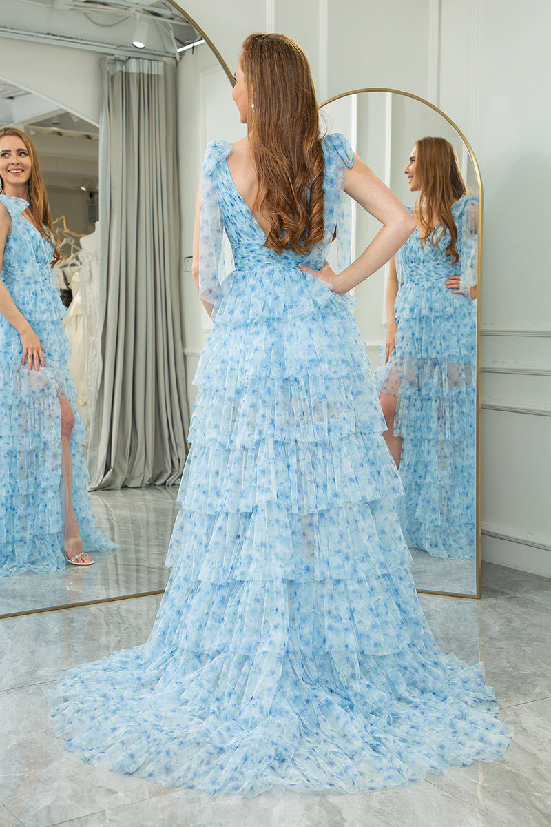 Load image into Gallery viewer, Blue A Line Tulle V Neck Tiered Long Formal Dress With Slit