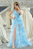 Load image into Gallery viewer, Blue A Line Tulle V Neck Tiered Long Formal Dress With Slit