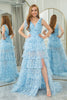 Load image into Gallery viewer, Blue A Line Tulle V Neck Tiered Long Formal Dress With Slit