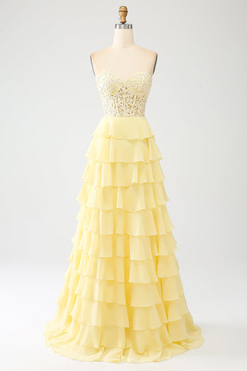 Yellow Sweetheart Tiered Formal Dress