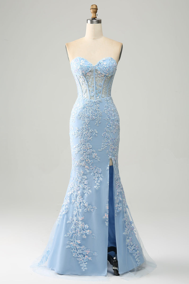 Load image into Gallery viewer, Light Blue Mermaid Sweetheart Corset Appliques Formal Dress With Side Slit