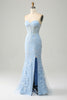 Load image into Gallery viewer, Light Blue Mermaid Sweetheart Corset Appliques Formal Dress With Side Slit