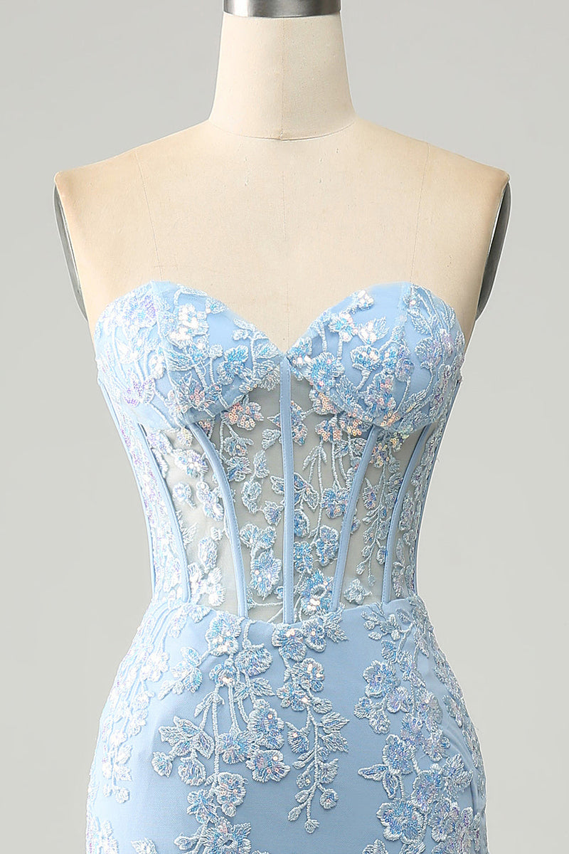 Load image into Gallery viewer, Light Blue Mermaid Sweetheart Corset Appliques Formal Dress With Side Slit