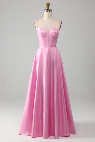 A-Line Spaghetti Straps Pink Corset Formal Dress