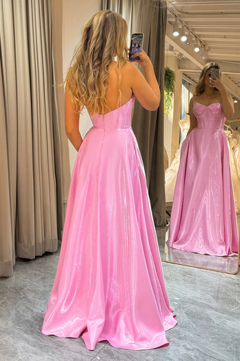Pink A Line Backless Long Corset Formal Dress With Lace
