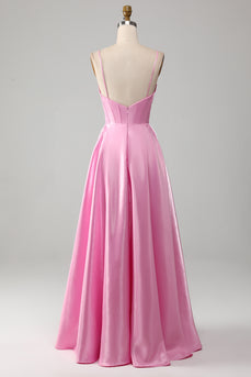 A-Line Spaghetti Straps Pink Corset Formal Dress