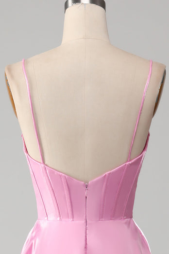 A-Line Spaghetti Straps Pink Corset Formal Dress