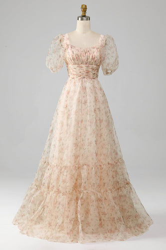 Champagne A-Line Floral Print Pleated Tiered Formal Dress With Puff Sleeves