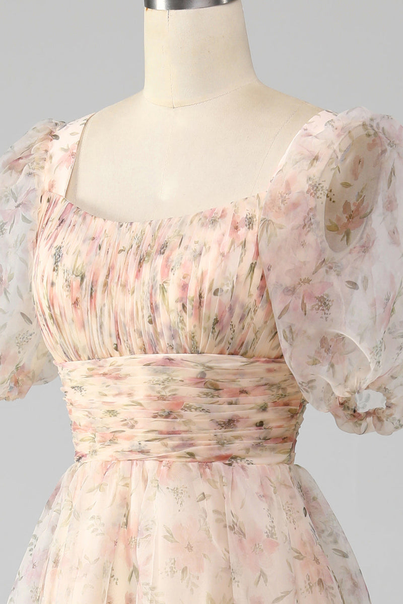 Load image into Gallery viewer, Champagne A-Line Floral Print Pleated Tiered Formal Dress With Puff Sleeves