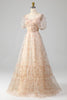 Load image into Gallery viewer, Champagne A-Line Floral Print Pleated Tiered Formal Dress With Puff Sleeves