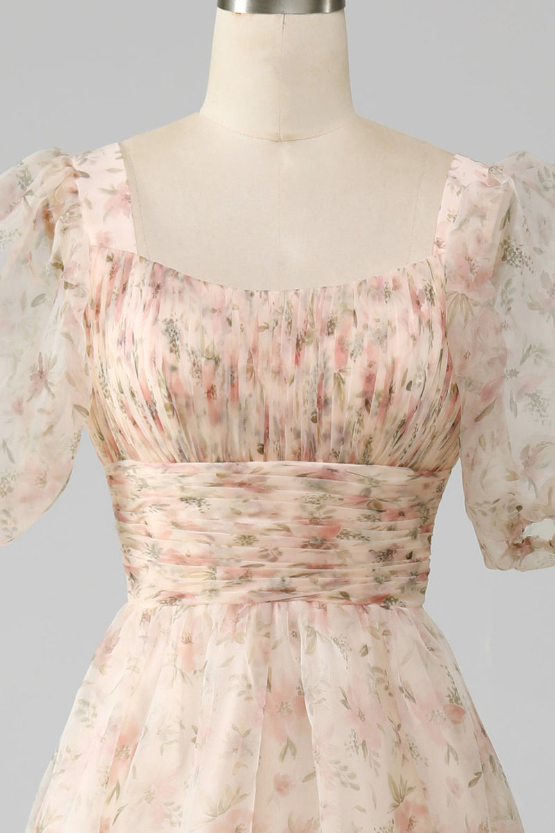 Load image into Gallery viewer, Champagne A-Line Floral Print Pleated Tiered Formal Dress With Puff Sleeves