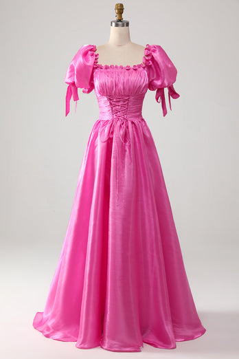 Puff Sleeves Hot Pink Formal Dress with Ruffles