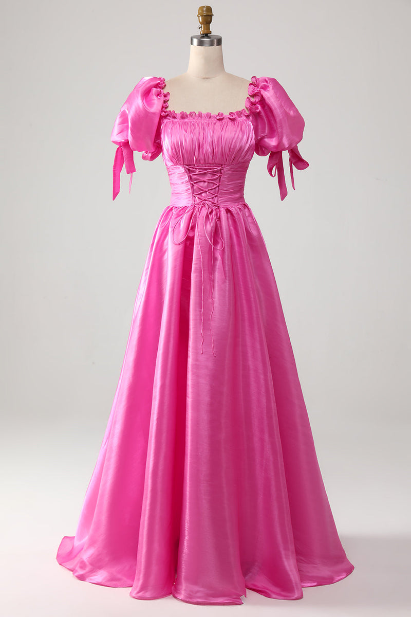 Load image into Gallery viewer, Puff Sleeves Hot Pink Formal Dress with Ruffles