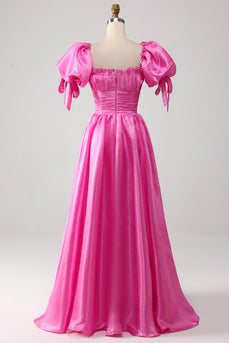 Puff Sleeves Hot Pink Formal Dress with Ruffles