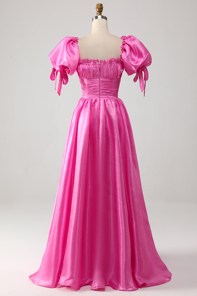 Load image into Gallery viewer, Puff Sleeves Hot Pink Formal Dress with Ruffles