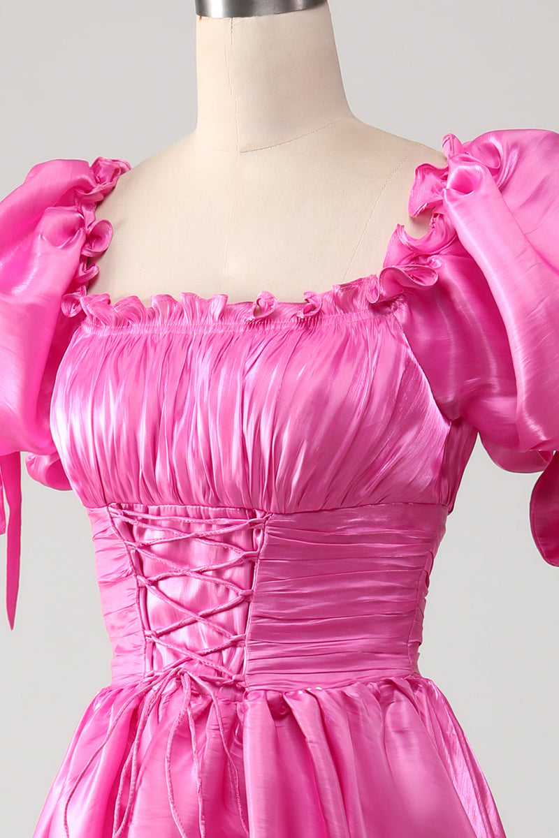 Load image into Gallery viewer, Puff Sleeves Hot Pink Formal Dress with Ruffles