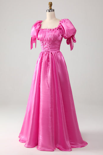 Puff Sleeves Hot Pink Formal Dress with Ruffles