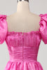 Load image into Gallery viewer, Puff Sleeves Hot Pink Formal Dress with Ruffles