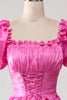 Load image into Gallery viewer, Puff Sleeves Hot Pink Formal Dress with Ruffles