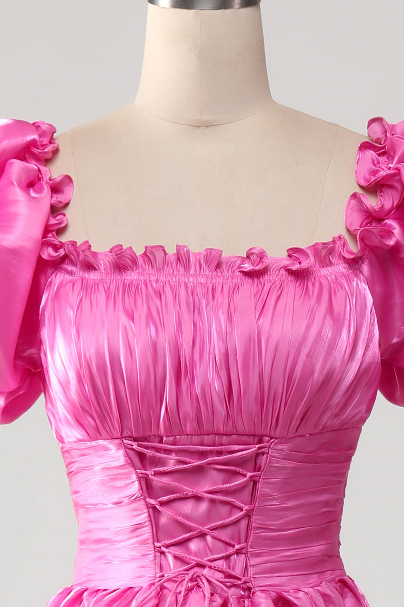 Load image into Gallery viewer, Puff Sleeves Hot Pink Formal Dress with Ruffles