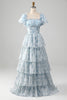 Load image into Gallery viewer, A Line Square Neck Light Blue Tiered Formal Dress with Ruffles