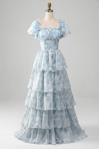 A Line Square Neck Light Blue Tiered Formal Dress with Ruffles