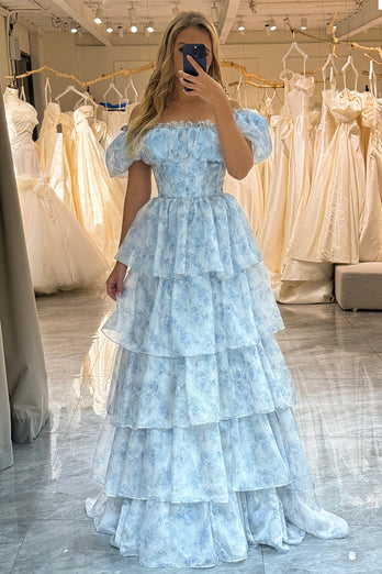 Light Blue A Line Long Tiered Corset Formal Dress