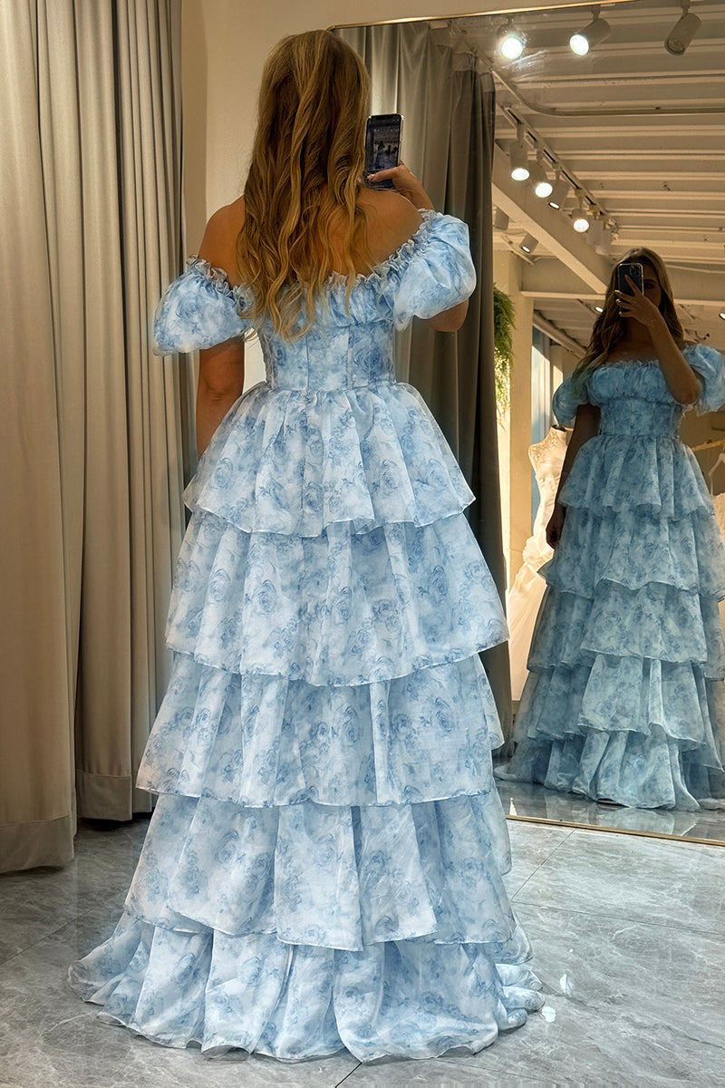 Load image into Gallery viewer, Light Blue A Line Long Tiered Corset Formal Dress