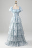 Load image into Gallery viewer, A Line Square Neck Light Blue Tiered Formal Dress with Ruffles