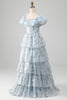 Load image into Gallery viewer, A Line Square Neck Light Blue Tiered Formal Dress with Ruffles