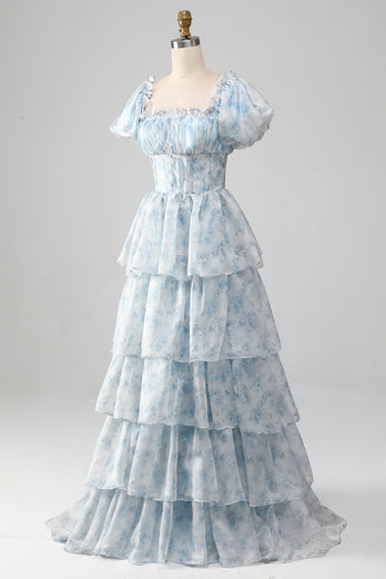 A Line Square Neck Light Blue Tiered Formal Dress with Ruffles