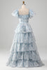 Load image into Gallery viewer, A Line Square Neck Light Blue Tiered Formal Dress with Ruffles