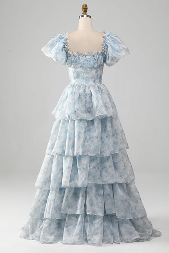 A Line Square Neck Light Blue Tiered Formal Dress with Ruffles