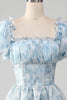 Load image into Gallery viewer, A Line Square Neck Light Blue Tiered Formal Dress with Ruffles