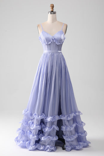 Lavender A Line Spaghetti Straps Tiered Long Corset Formal Dress With Slit