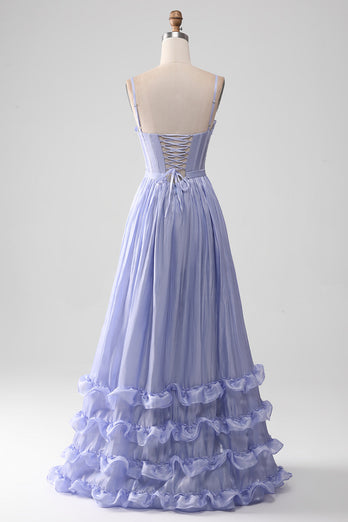 Lavender A Line Spaghetti Straps Tiered Long Corset Formal Dress With Slit