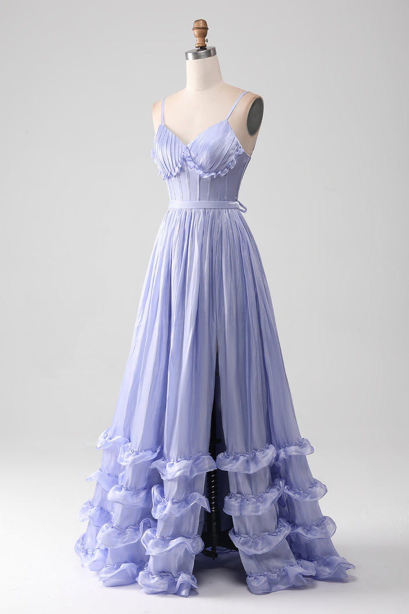 Load image into Gallery viewer, Lavender Spaghetti Straps A Line Ruffles Formal Dress with Slit