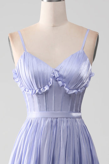 Lavender Spaghetti Straps A Line Ruffles Formal Dress with Slit