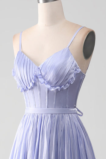 Lavender Spaghetti Straps A Line Ruffles Formal Dress with Slit