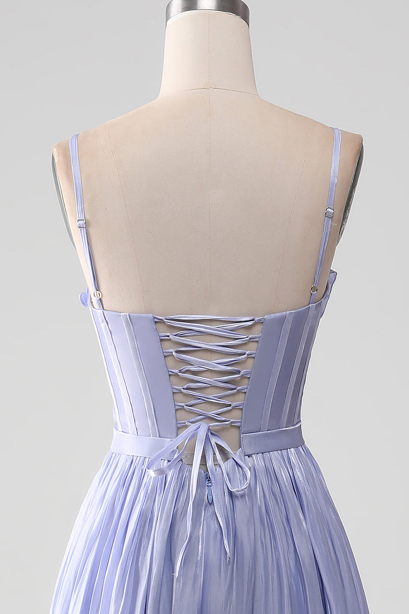 Load image into Gallery viewer, Lavender Spaghetti Straps A Line Ruffles Formal Dress with Slit