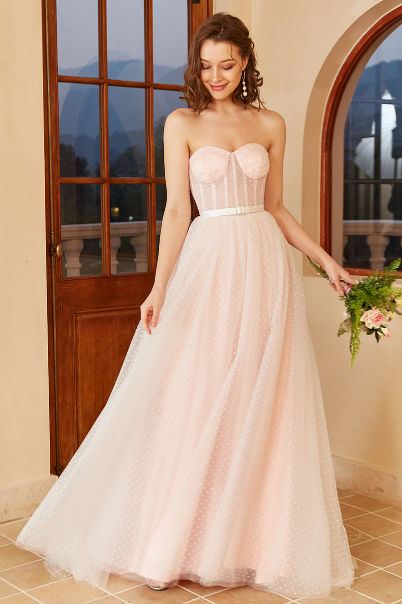 Load image into Gallery viewer, Pink Polka Dots Wedding Dress with Puff Sleeves