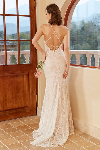 Mermaid Halter White Lace Wedding Dress with Sweep Train